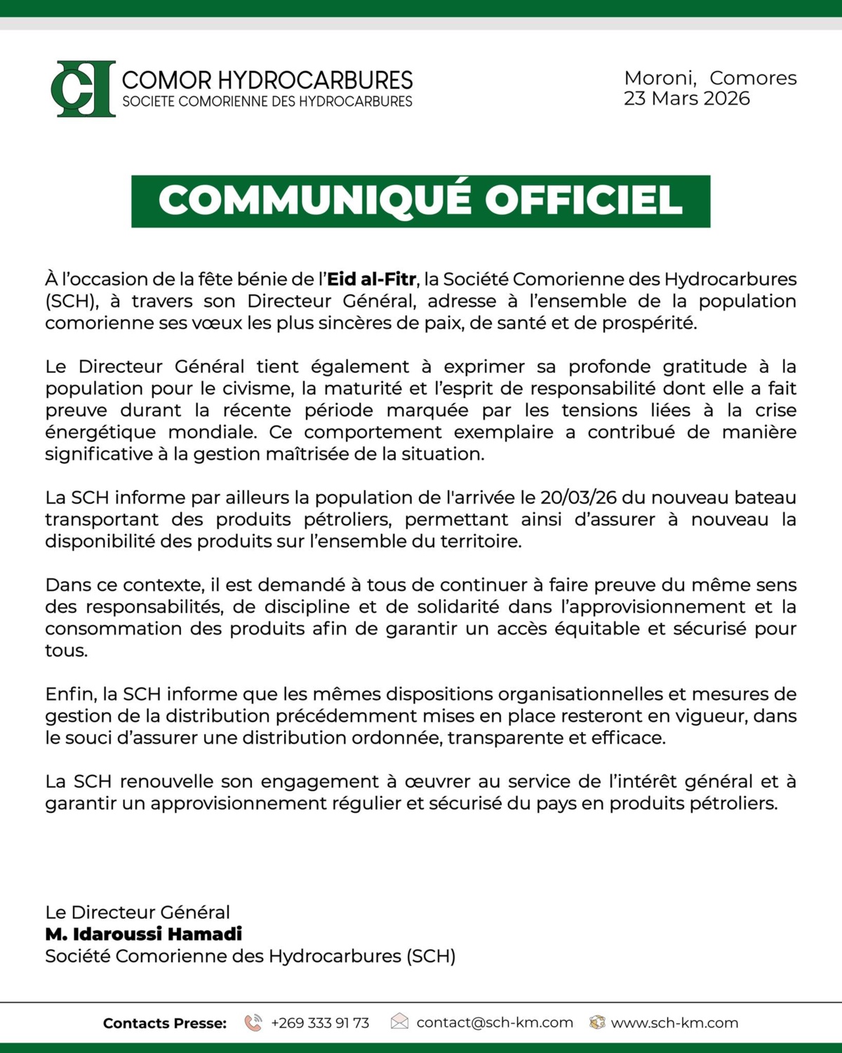 COMMUNIQUÉ OFFICIEL